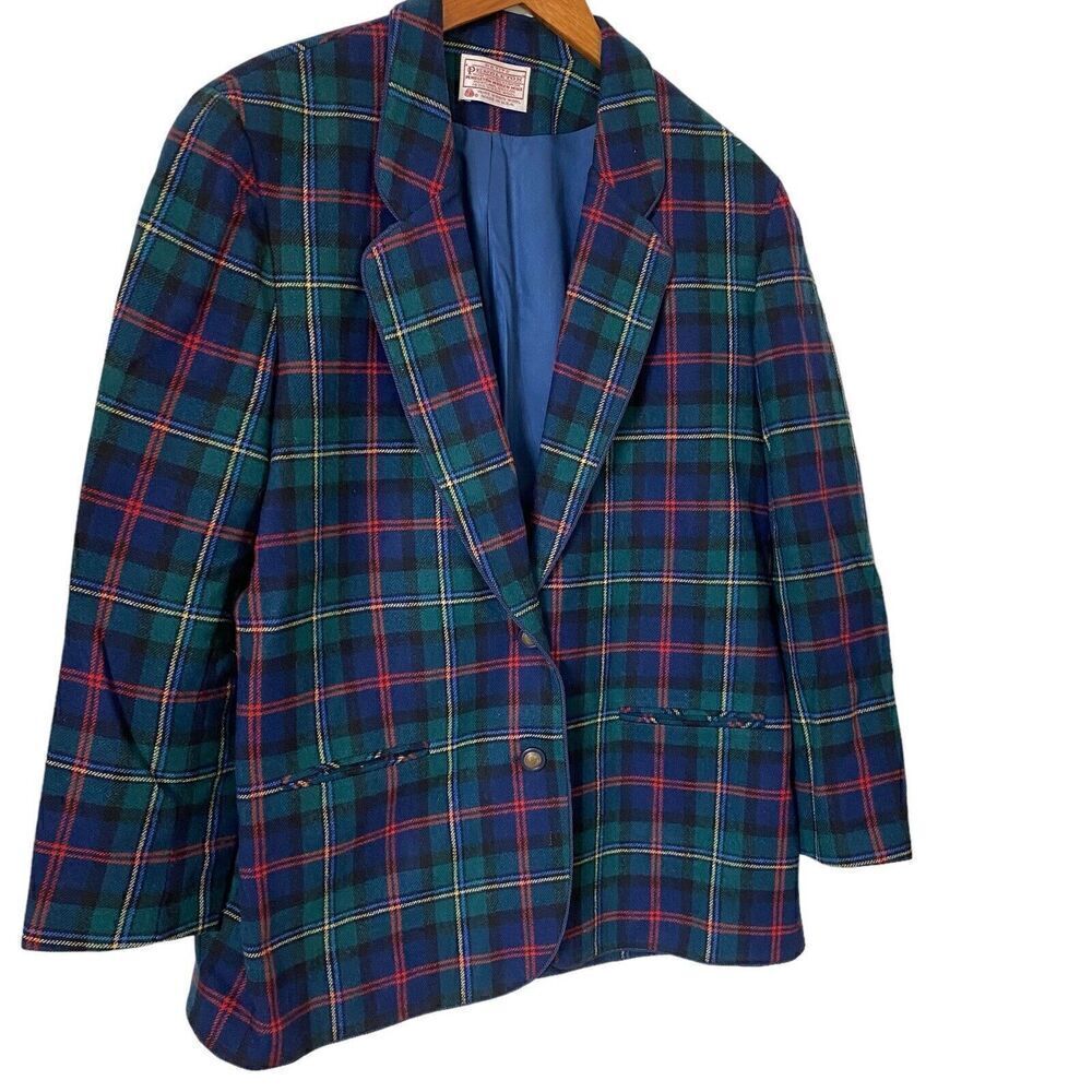 Vintage Pendleton Blazer Jacket Womens 14 Petite Green Tartan Wool Check Preppy - Picture 2 of 9